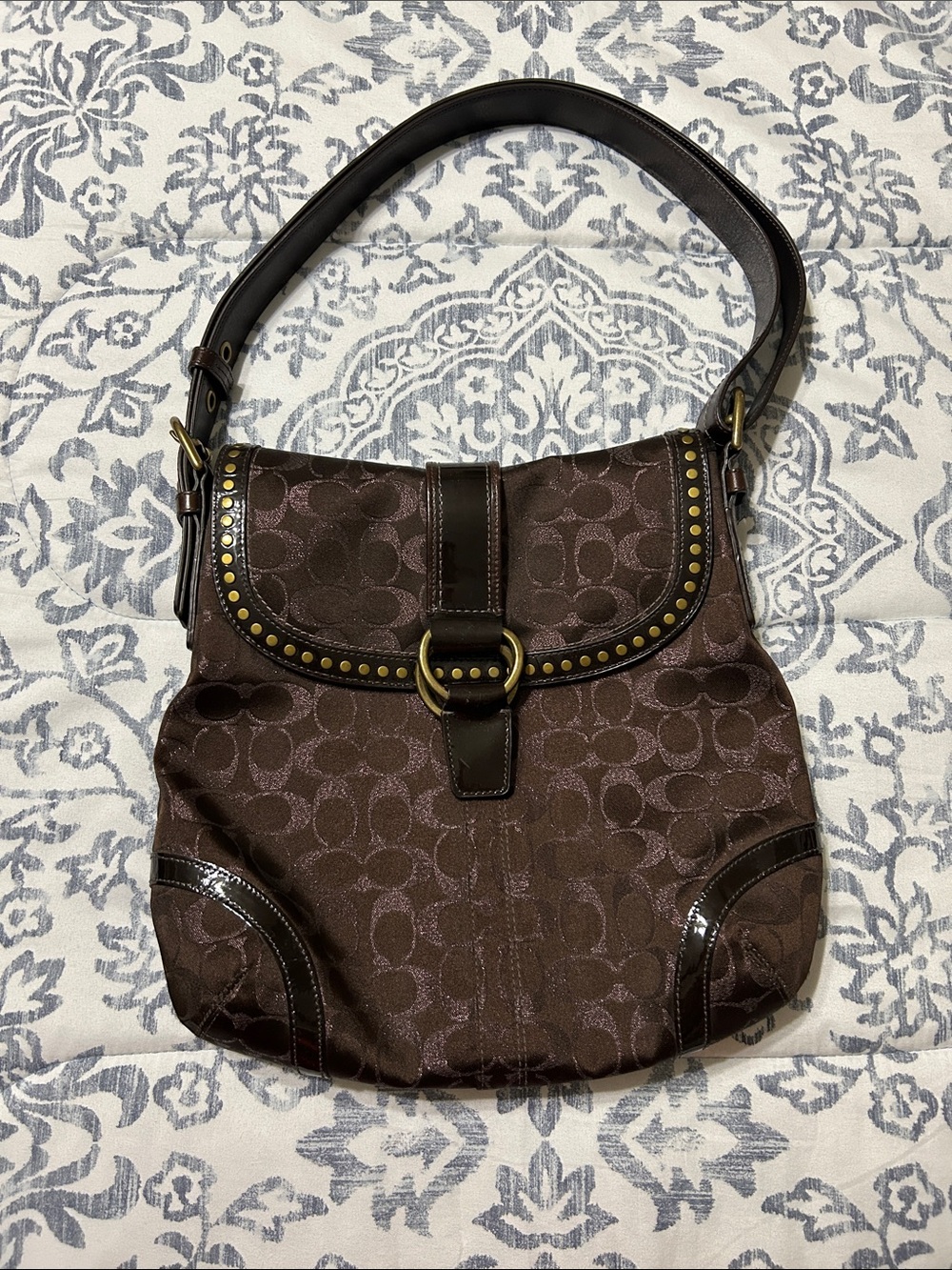 Coach Brown Jacquard Shoulder Bag with Gold Stud Accents